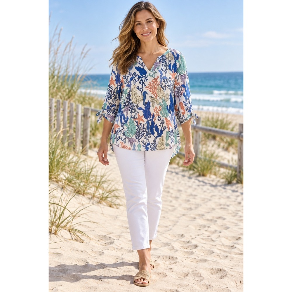 Jones New York Large Linen Blend Blouse Coastal Sea Life Print Tie Sleeve